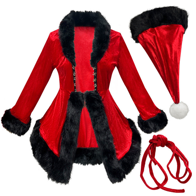 This red dress features soft, smooth fabric and plush white trim along the collar, cuffs, and hem — giving it a festive and luxurious finish.