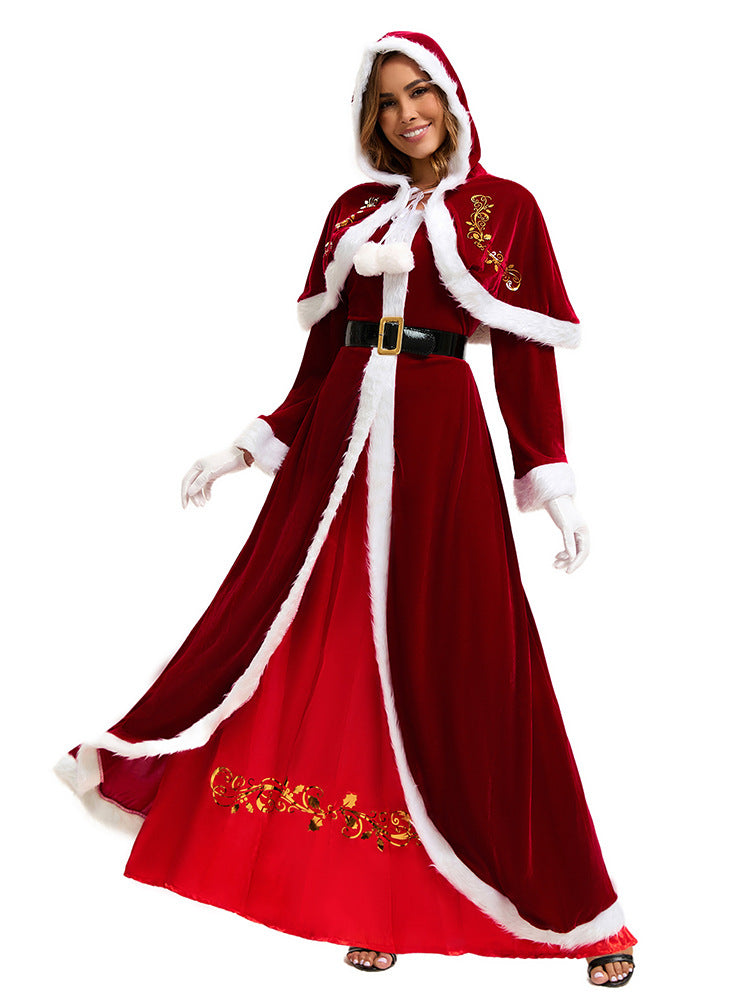 Sexy Lingerie Christmas Costume – Santa Claus Red Gown with Hooded Cape