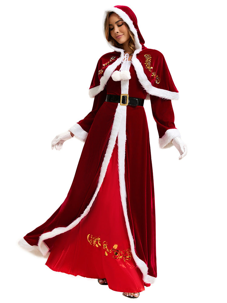 Sexy Lingerie Christmas Costume – Santa Claus Red Gown with Hooded Cape