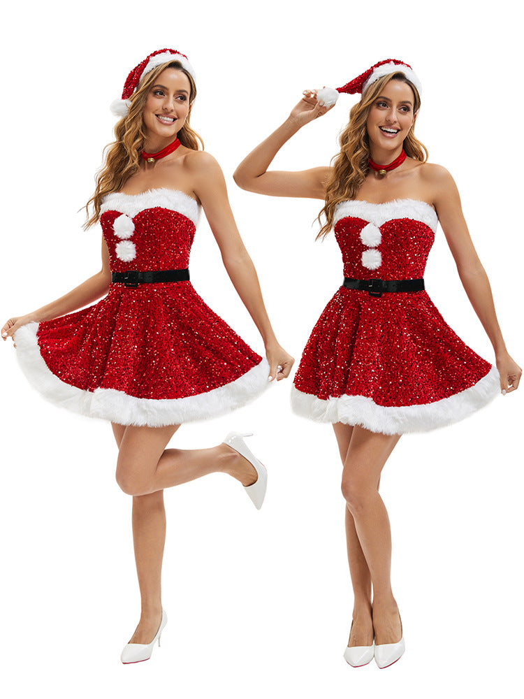 Sexy Lingerie Christmas Sequin Strapless Dress – Sparkly Santa Party Outfit for Womenz