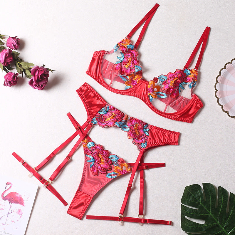 Embroidered Sexy Lingerie Set – Floral Lace 4-Piece Set
