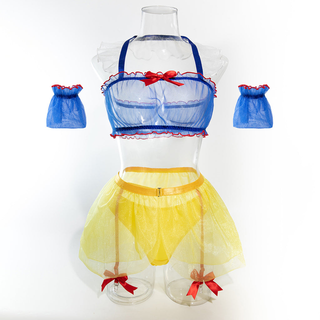 Sexy Lingerie Set - Blue Sheer Top, Yellow Transparent Skirt, and White Stockings