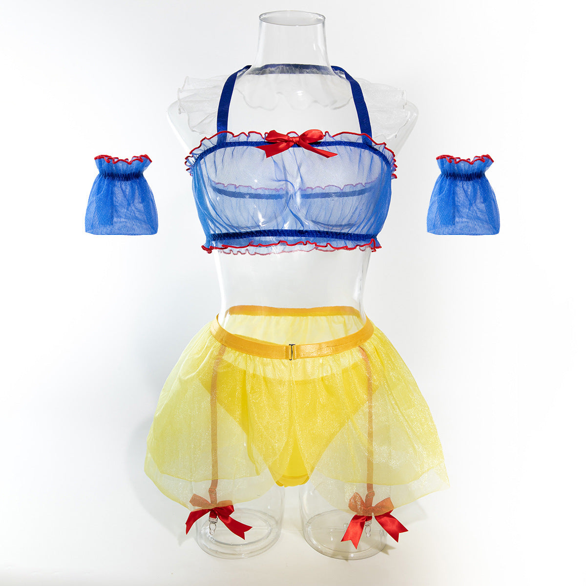 Sexy Lingerie Set - Blue Sheer Top, Yellow Transparent Skirt, and White Stockings