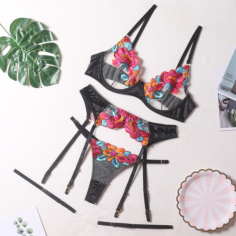 Sexy Floral Embroidered Lingerie Set with Adjustable Straps
