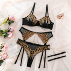 Sexy Black Embroidered Bra and Thong Lingerie Set with Gold Chain Details