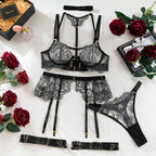 Sexy Black Embroidered Lingerie Set - Four-Piece Lace Set with Front Open Closure