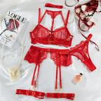 Sexy Black Embroidered Lingerie Set - Four-Piece Lace Set with Front Open Closure