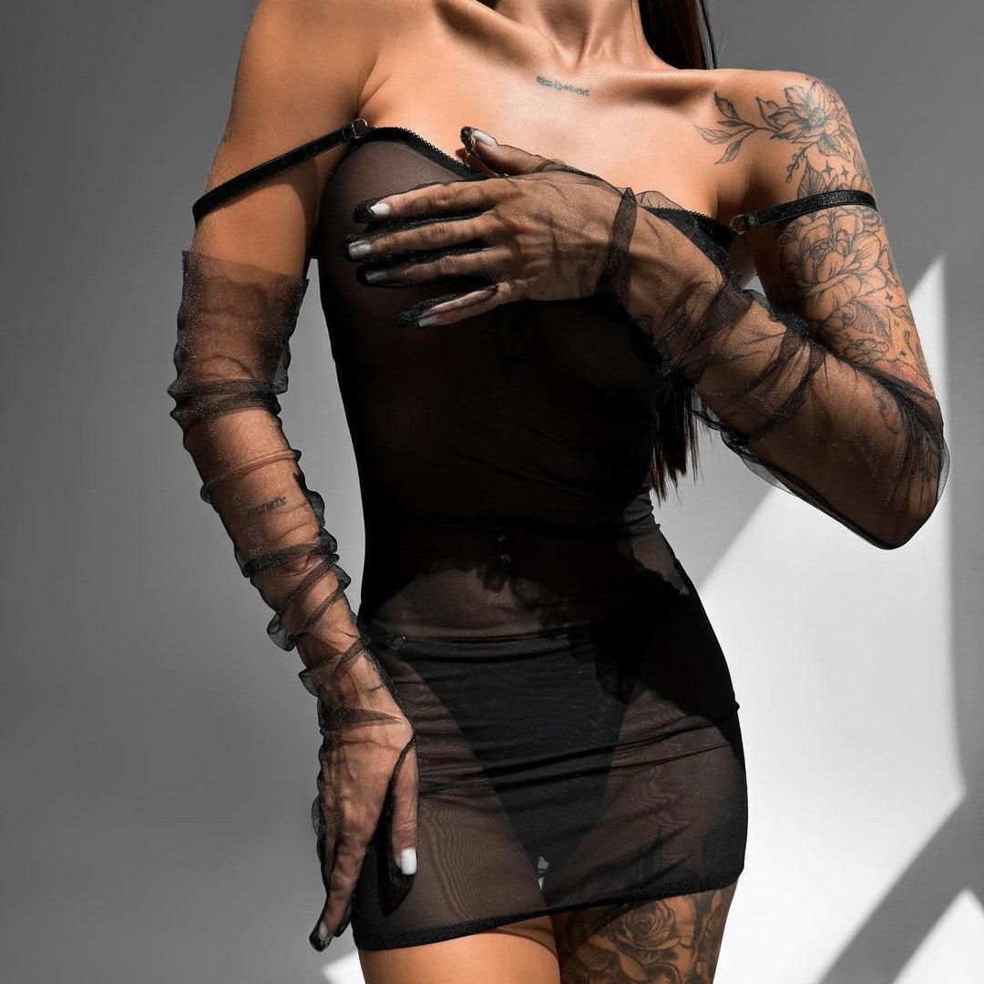 Seductive Black Mesh Bow-Tied Backless Lingerie Dress