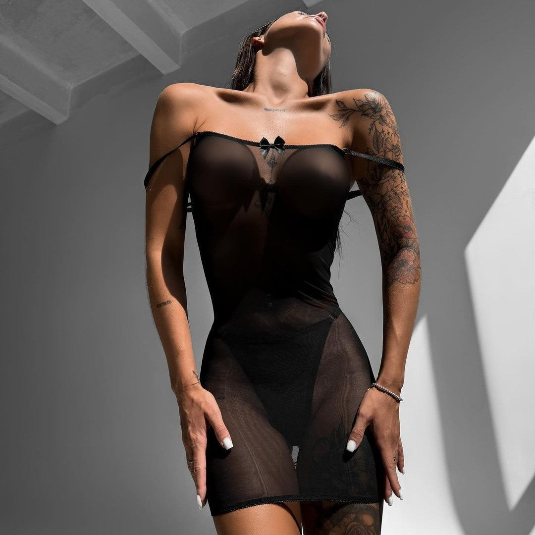 Seductive Black Mesh Bow-Tied Backless Lingerie Dress