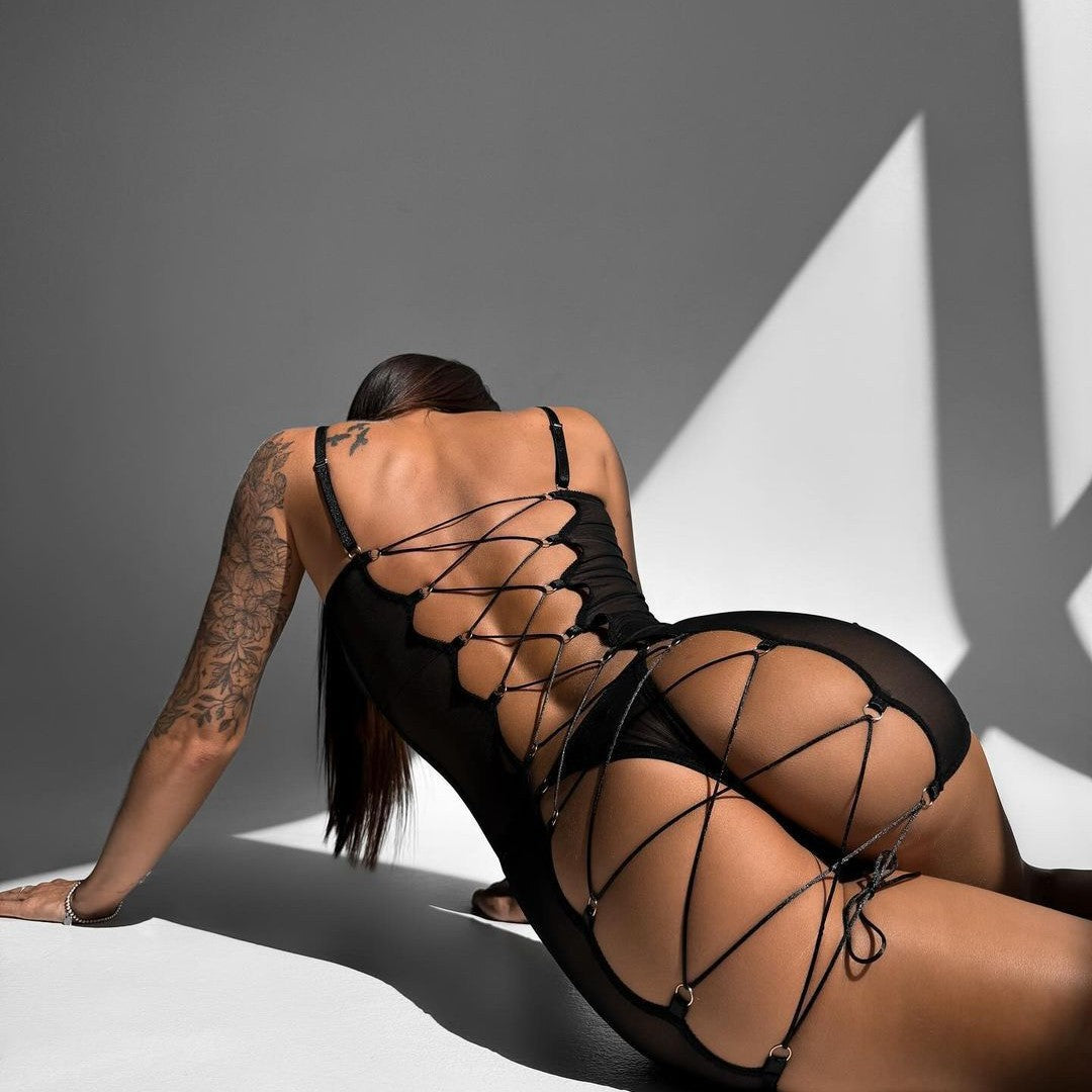 Seductive Black Mesh Bow-Tied Backless Lingerie Dress