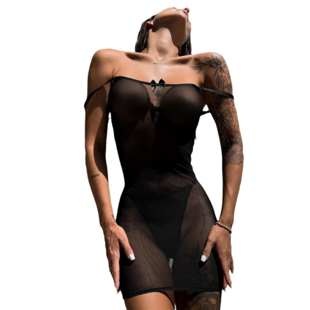 Seductive Black Mesh Bow-Tied Backless Lingerie Dress