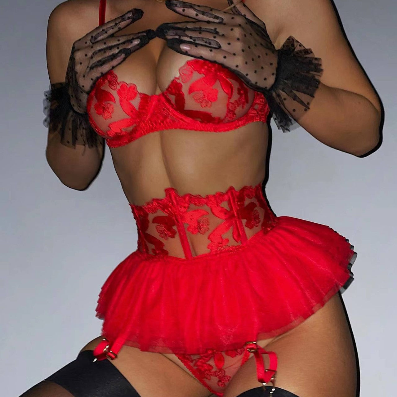 Sexy Lingerie Embroidered Corset Garter Belt 3-Piece Set