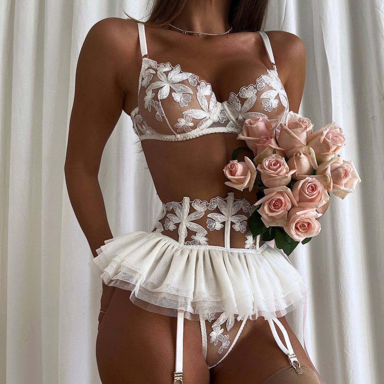 Sexy Lingerie Embroidered Corset Garter Belt 3-Piece Set