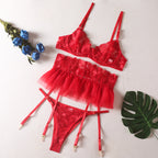 Sexy Lingerie Embroidered Corset Garter Belt 3-Piece Set