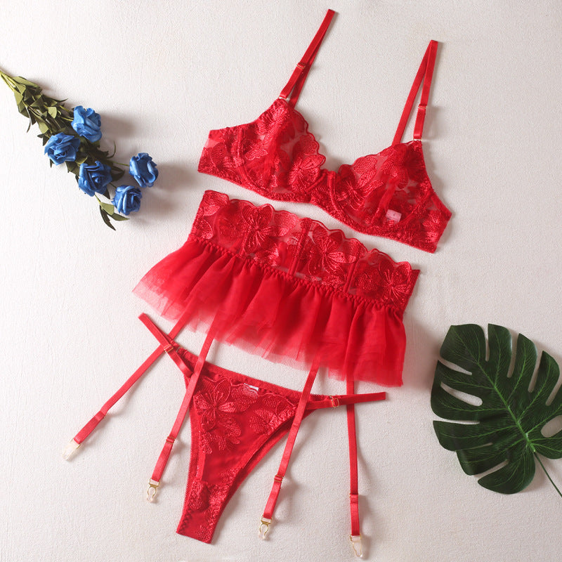 Sexy Lingerie Embroidered Corset Garter Belt 3-Piece Set