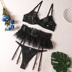Sexy Lingerie Embroidered Corset Garter Belt 3-Piece Set