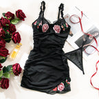 Sexy Lingerie Red Embroidered Lace Babydoll Set with Thong