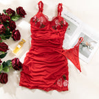 Sexy Lingerie Red Embroidered Lace Babydoll Set with Thong
