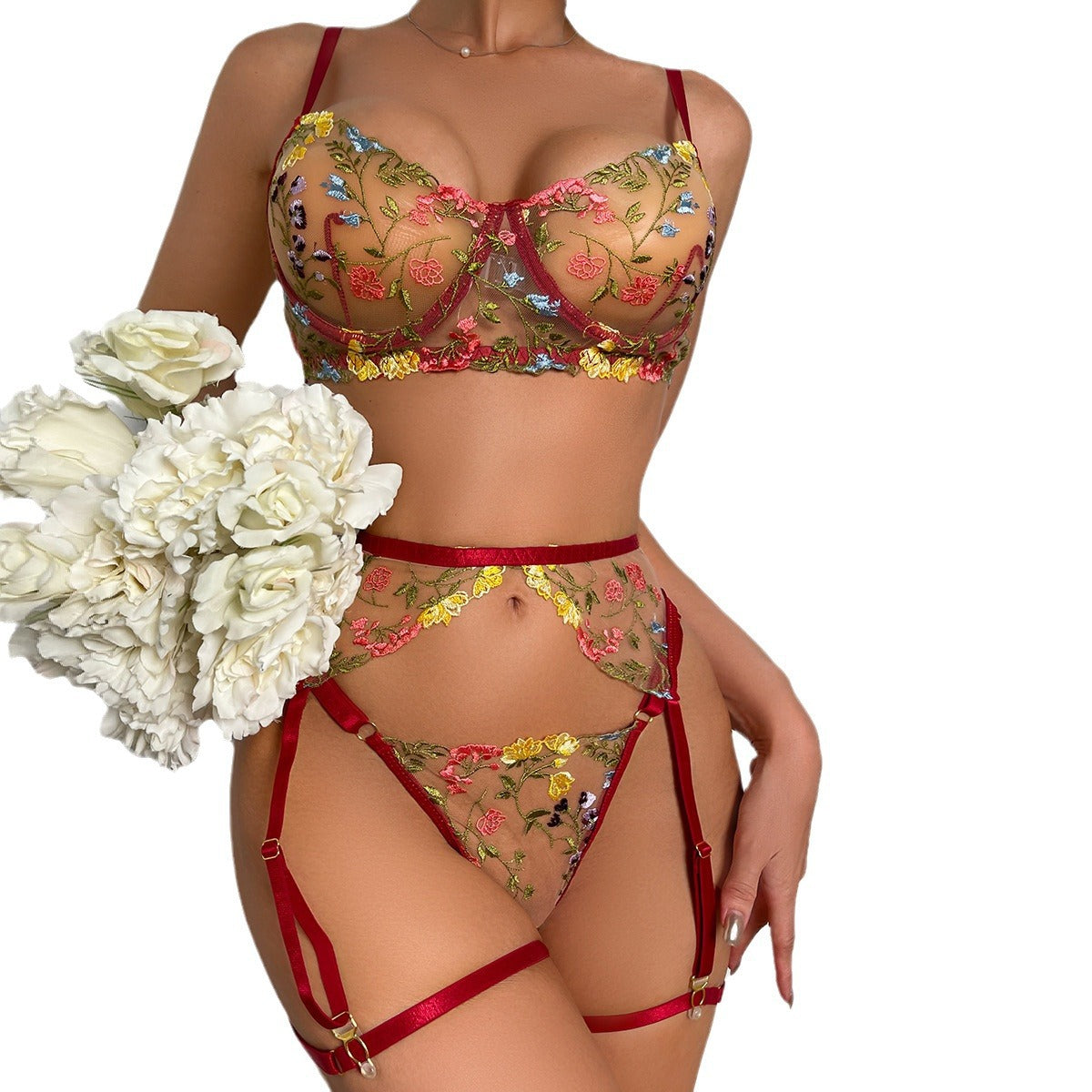 Sexy Floral Embroidered Lingerie Set with Adjustable Straps