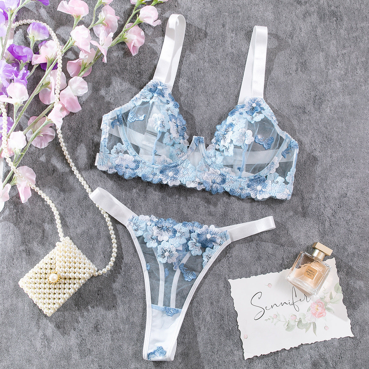 Sexy Floral Embroidered Lingerie Set with Mesh Fabric