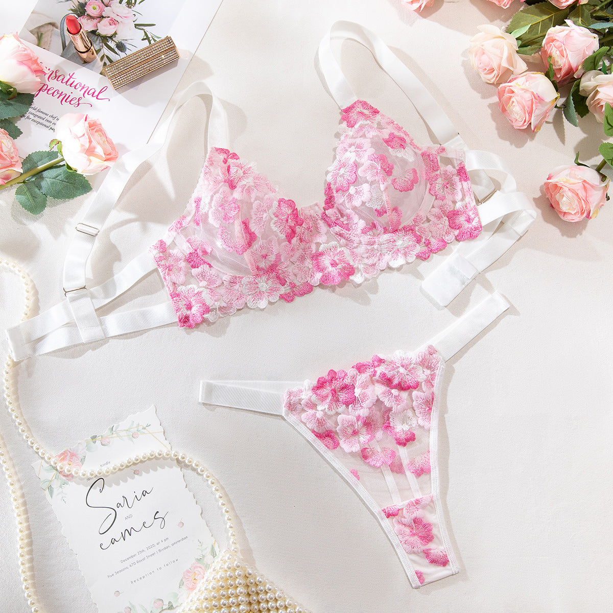 Sexy Floral Embroidered Lingerie Set with Mesh Fabric
