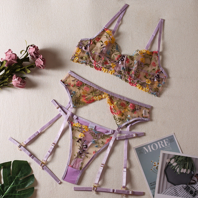 Sexy Floral Embroidered Lingerie Set with Adjustable Straps