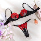 Sexy Lingerie Floral Embroidery Black and Red Mesh Bra and Thong Set
