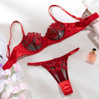 Sexy Lingerie Floral Embroidery Black and Red Mesh Bra and Thong Set