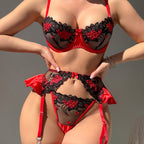 Sexy Lingerie Floral Embroidery Underwire Garter Set