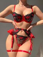 Sexy Lingerie Floral Embroidery Underwire Garter Set