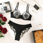 Sexy Floral Embroidery Lace Lingerie Set with Mesh Bra and Thong