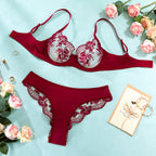 Sexy Floral Embroidery Lace Lingerie Set with Mesh Bra and Thong