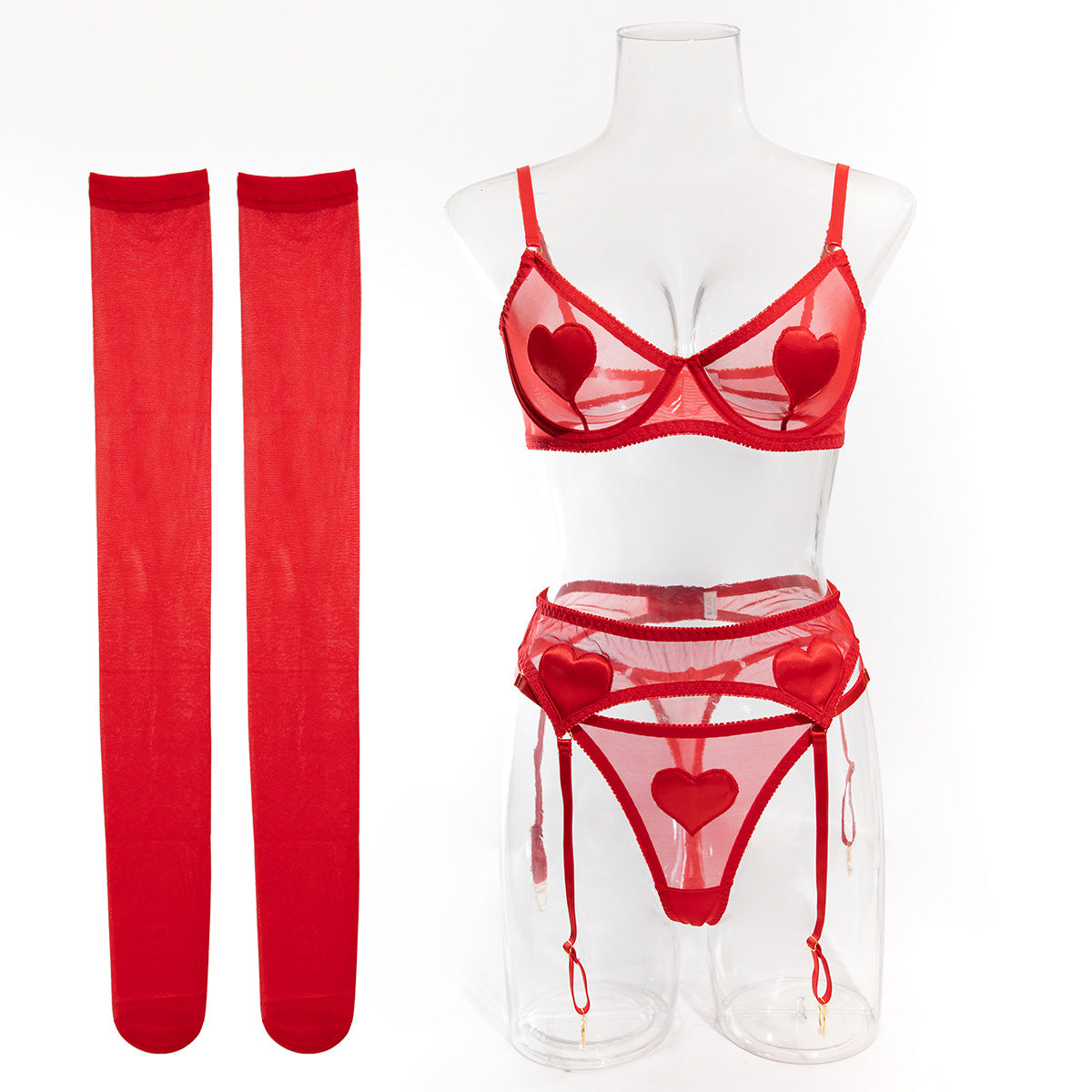 Sexy Lingerie Heart Embroidered Lace 5-Piece Set with Stockings