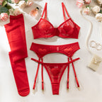 Sexy Lingerie Heart Embroidered Lace 5-Piece Set with Stockings