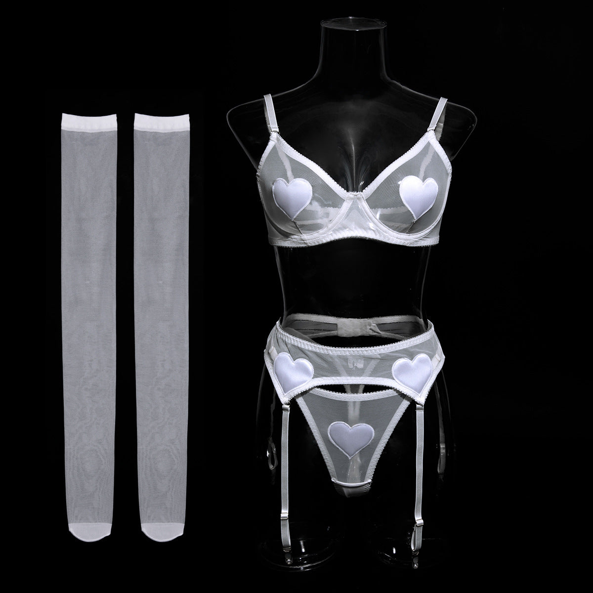 Sexy Lingerie Heart Embroidered Lace 5-Piece Set with Stockings
