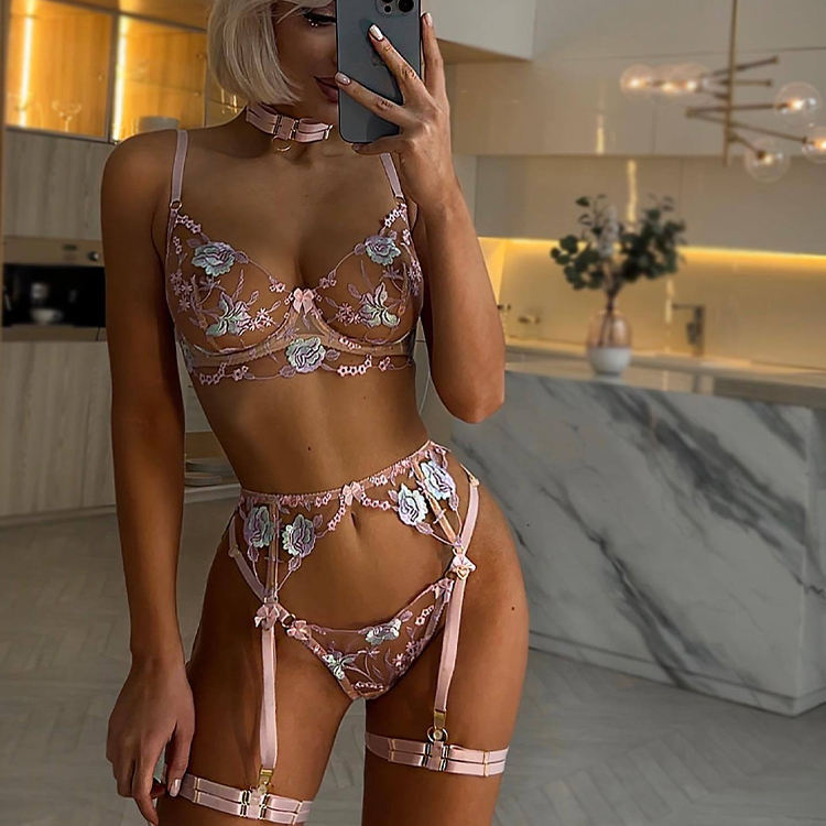 Floral Embroidery Mesh Underwire Bra Set - Sexy Lingerie