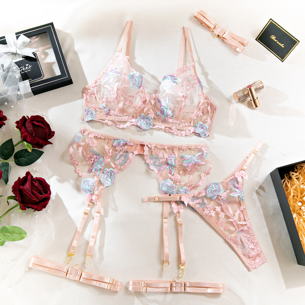 Floral Embroidery Mesh Underwire Bra Set - Sexy Lingerie