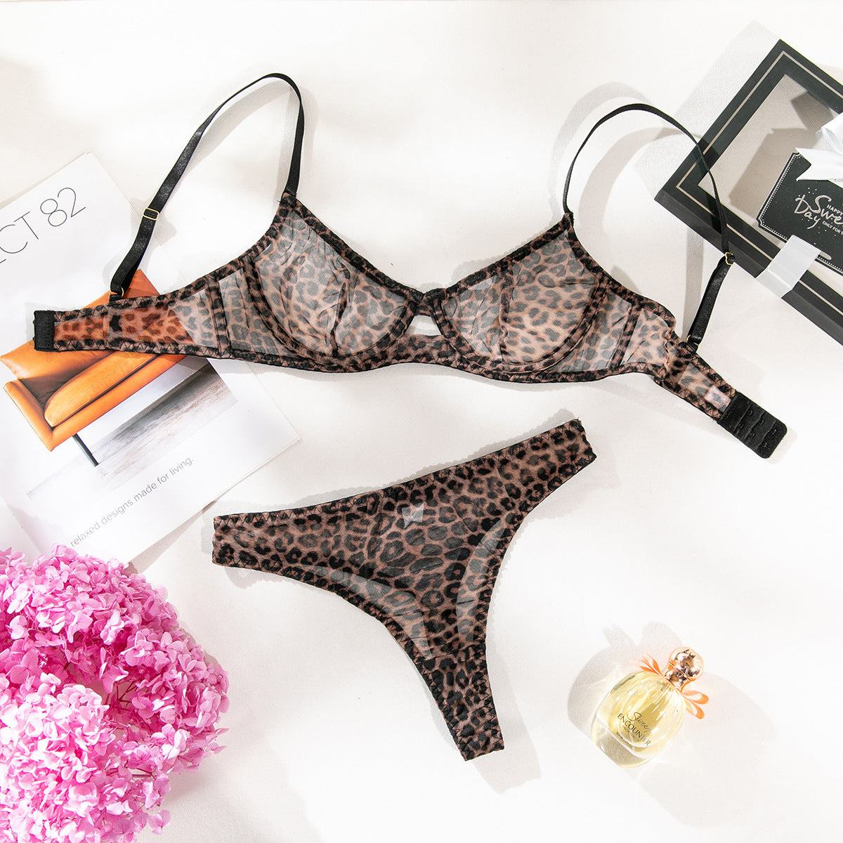 Leopard Print Sexy Lingerie Mesh Two-Piece Set – Sheer Bra & Thong