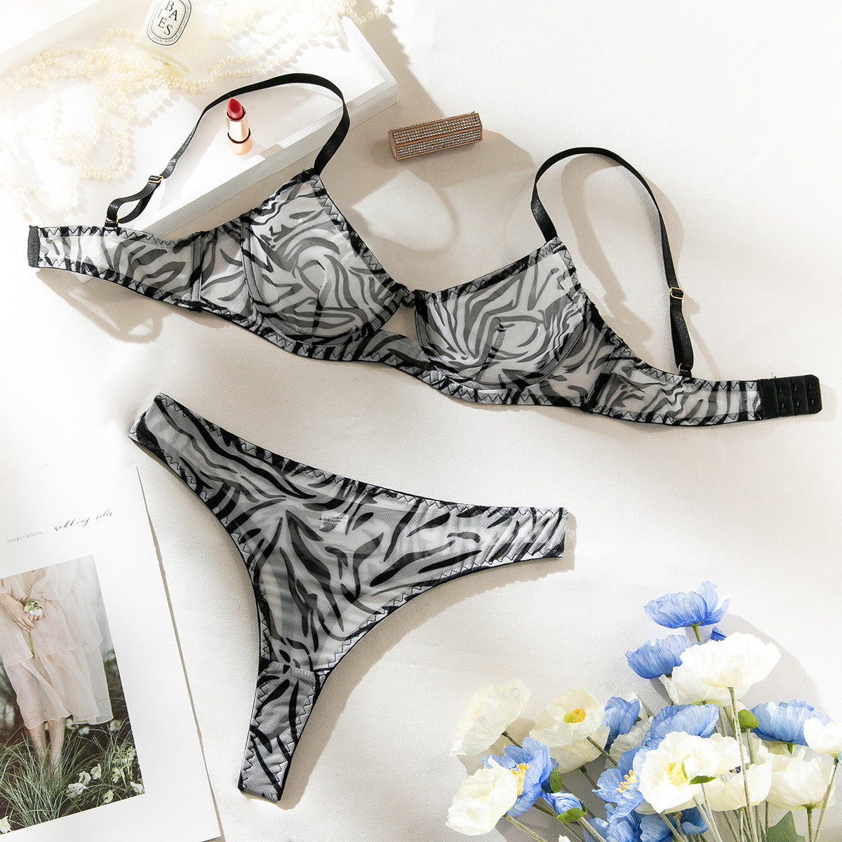 Leopard Print Sexy Lingerie Mesh Two-Piece Set – Sheer Bra & Thong