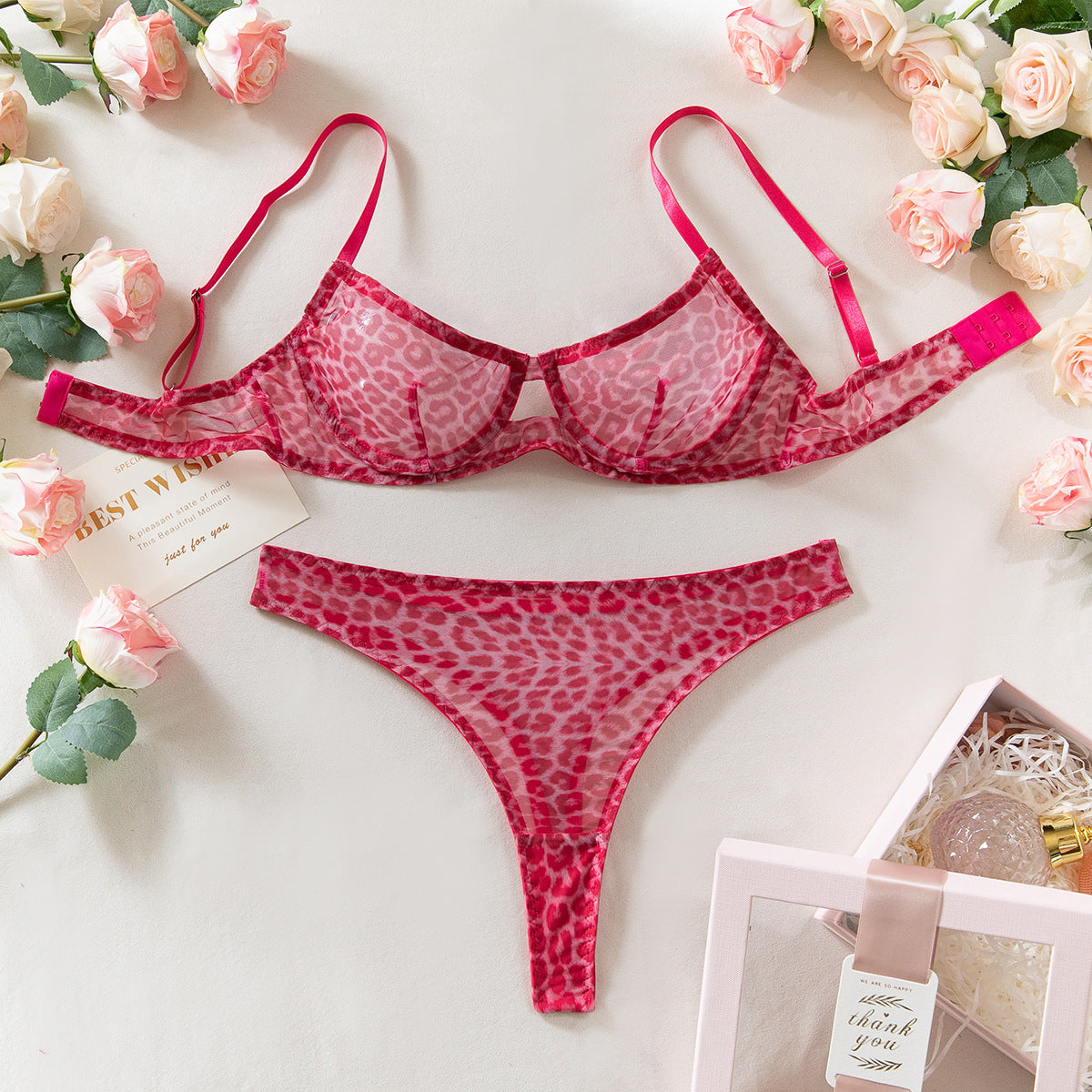 Leopard Print Sexy Lingerie Mesh Two-Piece Set – Sheer Bra & Thong