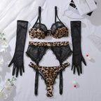 Leopard Print Half‑Cup Lace Underwire Bra & Sheer Glove Sexy Lingerie Set