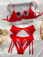 Sexy Lingerie Pink Mesh 4-Piece Set with Nipple Covers & Garter Belt
