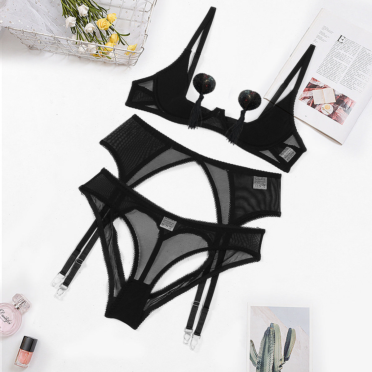Sexy Lingerie Pink Mesh 4-Piece Set with Nipple Covers & Garter Belt
