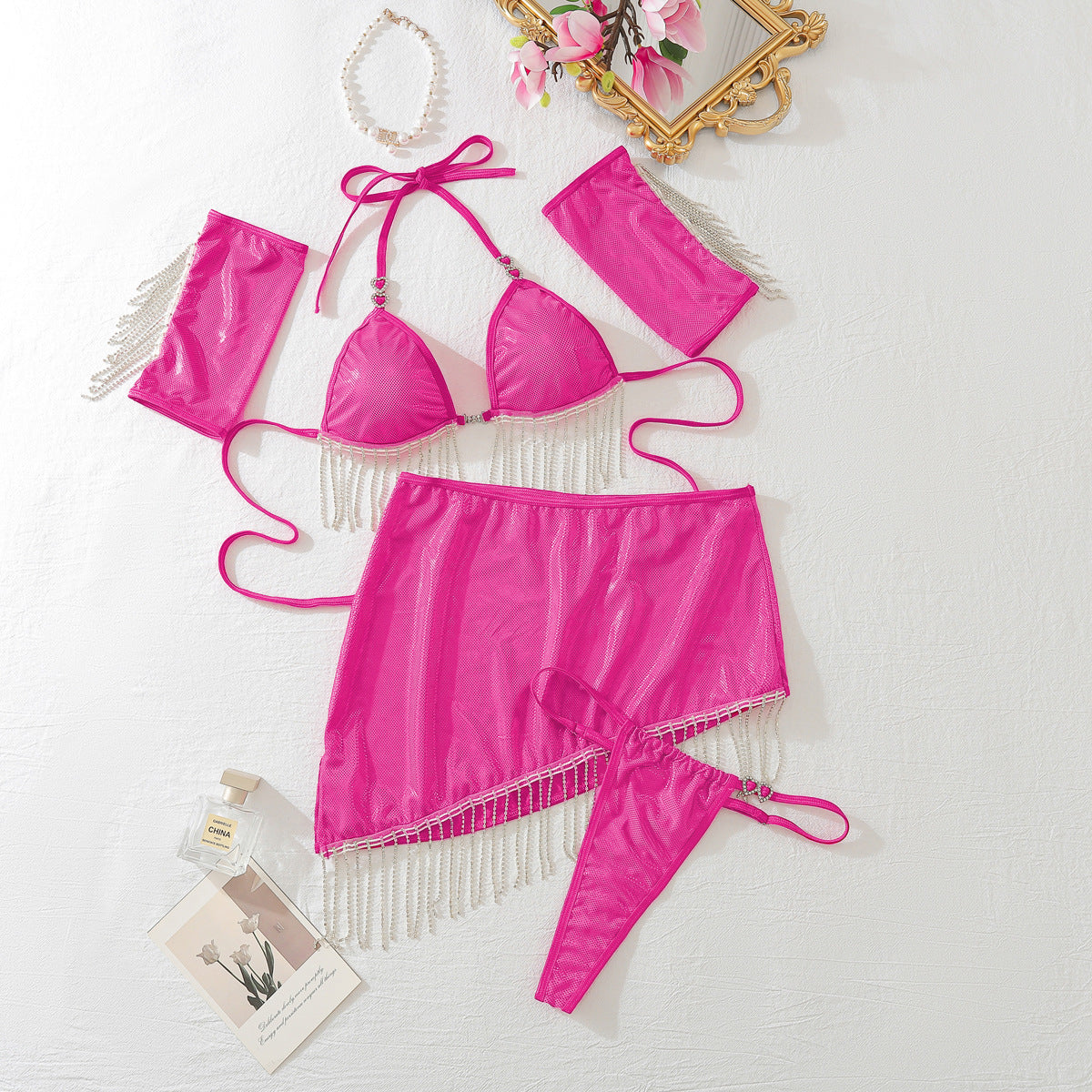 Pink Fringe Chain Halter‑Neck Crop Top & Curve‑Hugging Mini Skirt Sexy Lingerie Set