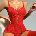 Sexy Lingerie Red Lace Nightgown with Bow Detail – Seductive Sleepwear Set