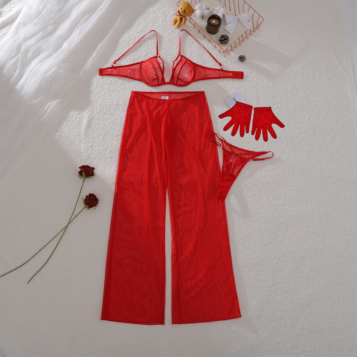 Red Mesh Bra & High‑Waist Pant Set with Gloves – Sexy Lingerie