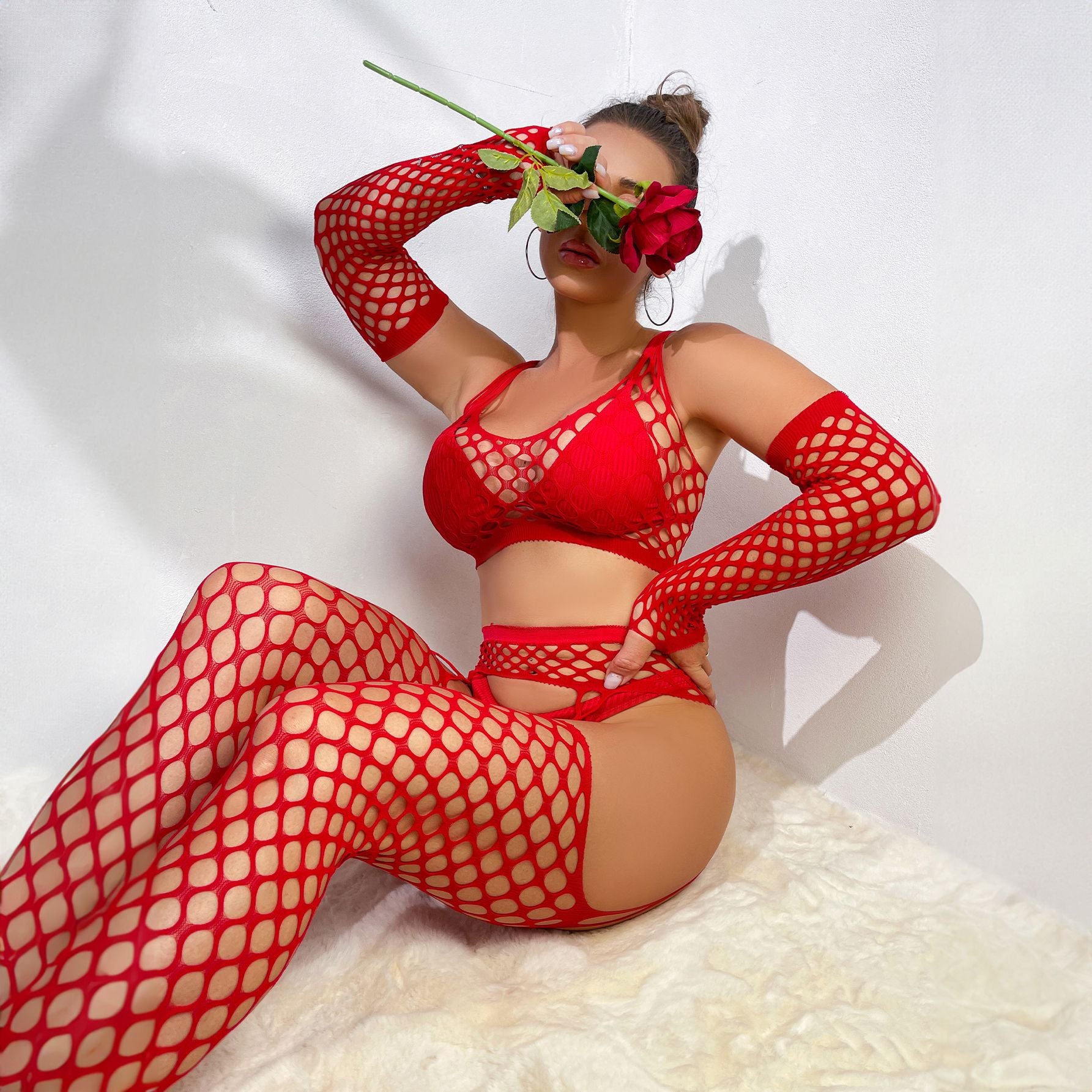 Sexy Lingerie Three-Piece Fishnet Mesh Set with Bikini, Stockings and Sleeves