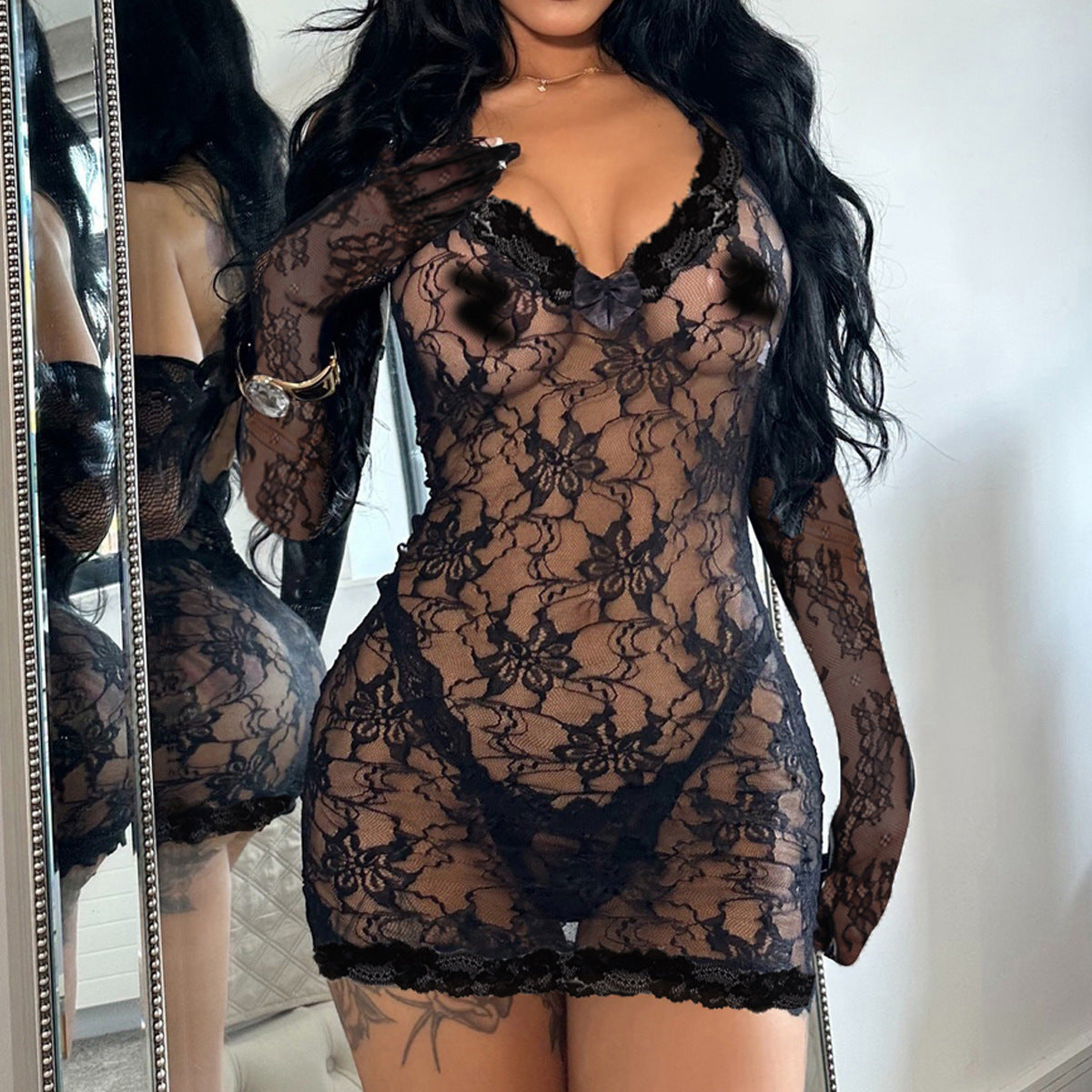 Sexy Lingerie Sheer Lace Halter Bodysuit with Gloves