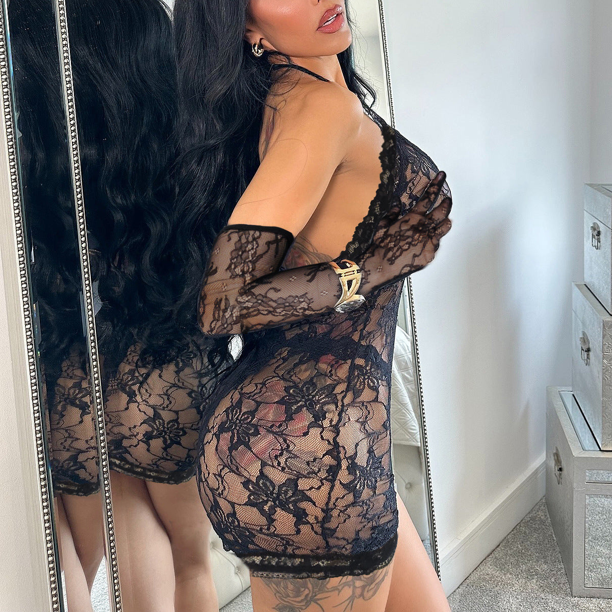 Sexy Lingerie Sheer Lace Halter Bodysuit with Gloves