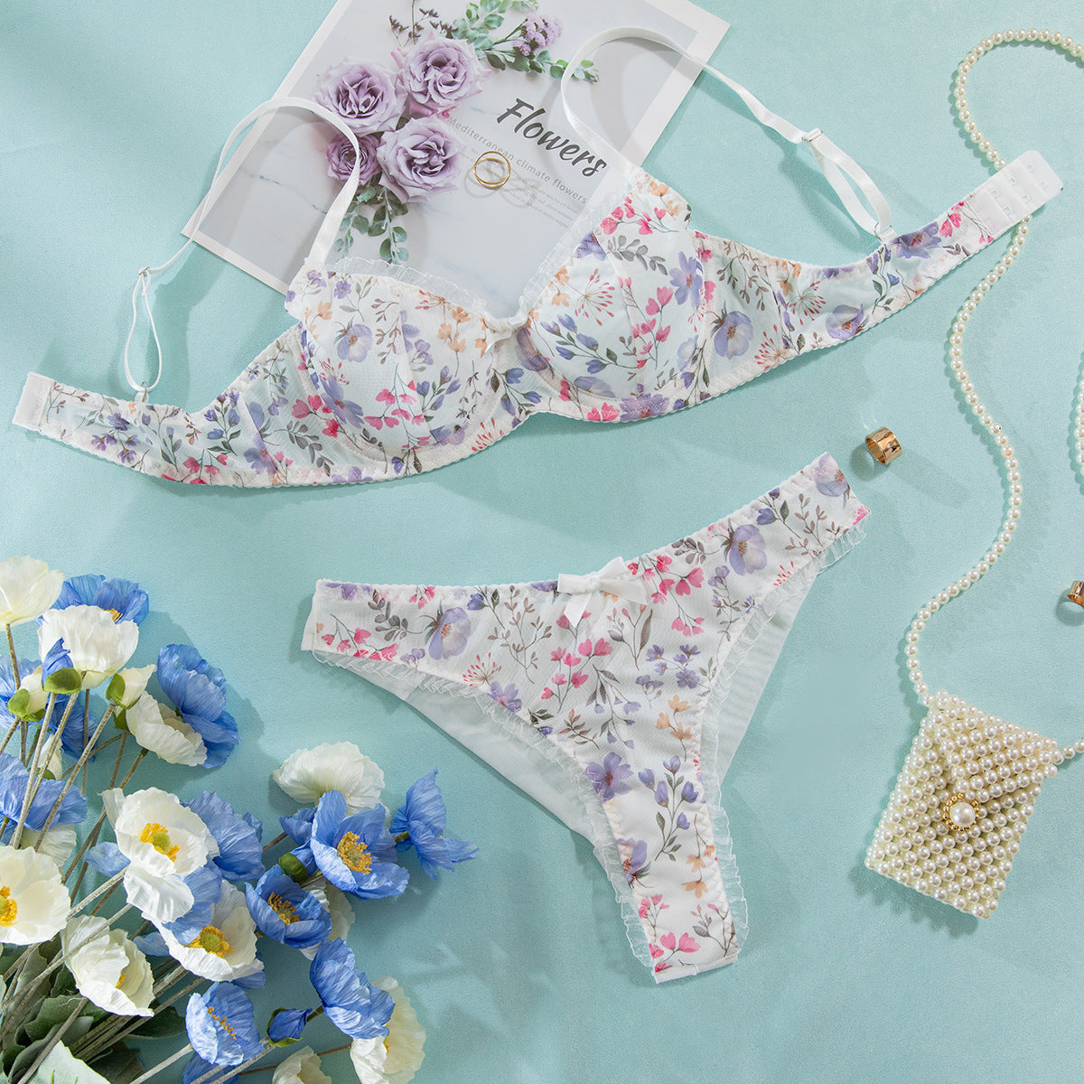 Sexy Transparent Mesh Lace Trim Bowknot Underwire Bra Set
